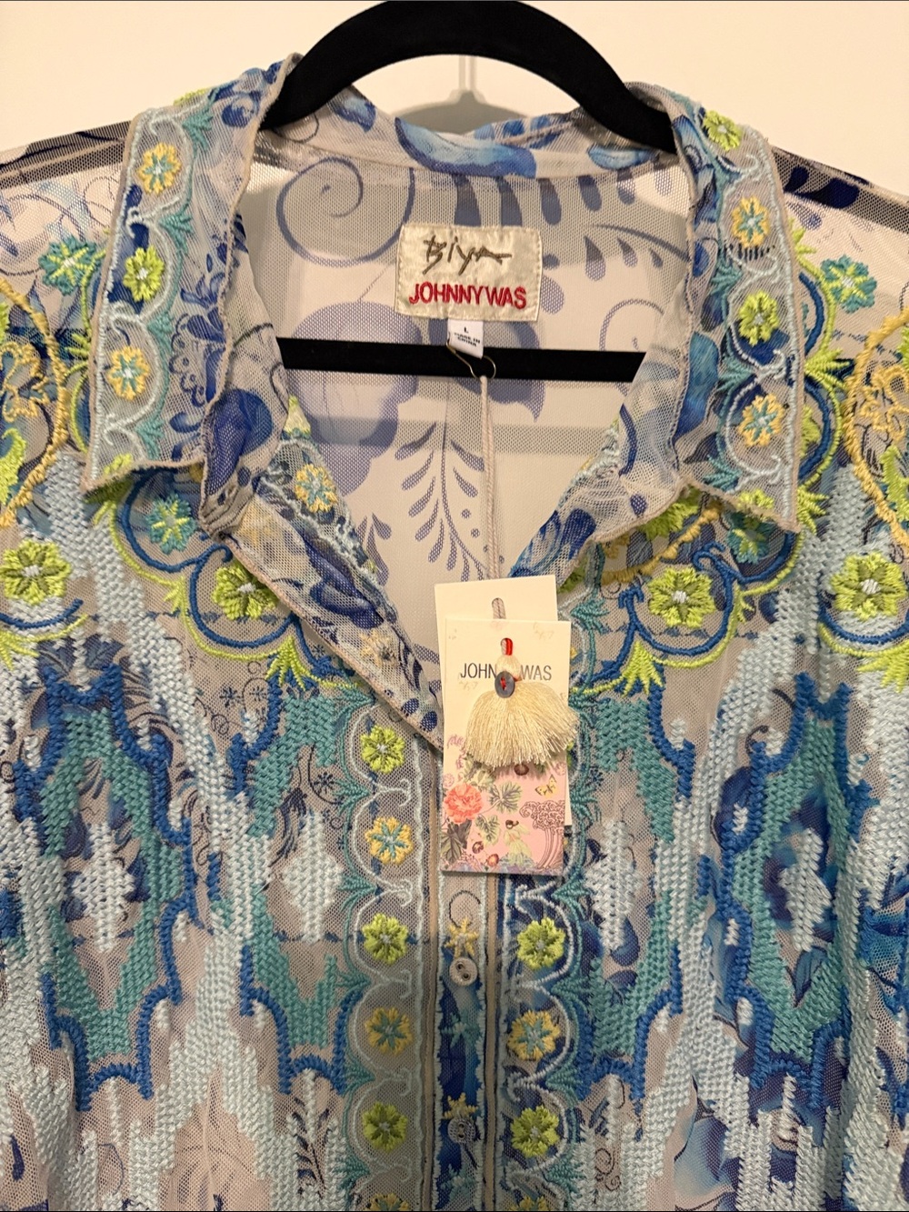 Johnny Was Sheer Blue Floral Embroidered Button-Down Shirt - Picture 4 of 10